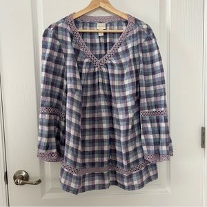 Chico's 3 XL Linen Top Blue Violet Check Crochet Oversize Lightweight